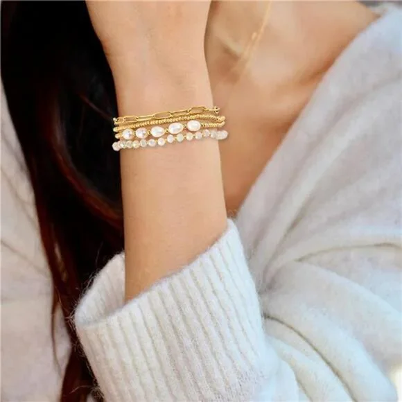 Dainty Gold Plated Pearl Crystal Beaded Bracelets Set for Women 14K Gold Plated - Picture 5 of 7